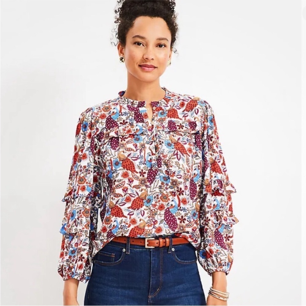 LOFT Top Peacock Ruffle Button Blouse Size Medium